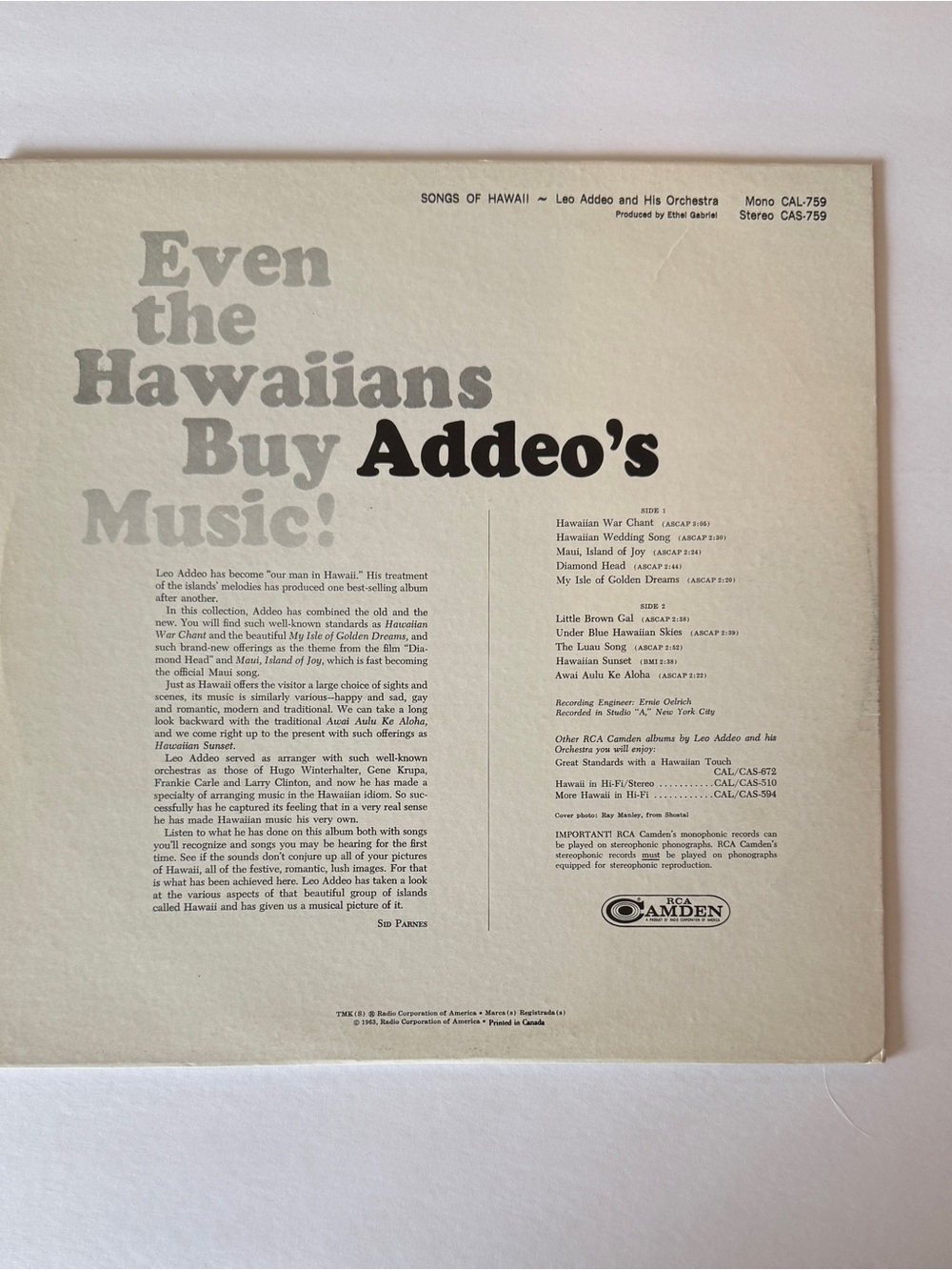 Any 3 for $50-Songs of Hawaii LP by Leo Addeo - Yellow & Blue Cover - Picture 2 of 4